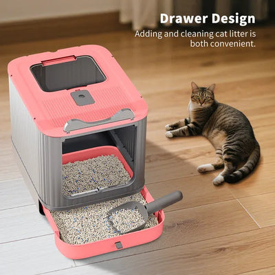 Elf Cat Litter Box, Dual-Entry Fully Enclosed, Odor-Free, Modern White, Easy Clean Drawer Tray
